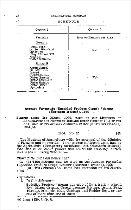 The Acreage payments (Specified Produce Crops) Scheme (Northern Ireland) 1956