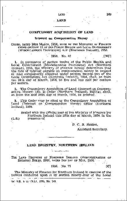 The Compulsory Acquisition of Land (Interest on Compensation Money) Order (Northern Ireland) 1956
