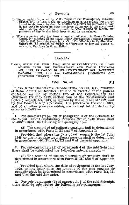 The Royal Ulster Constabulary Pensions (Amendment) Order (Northern Ireland) 1956