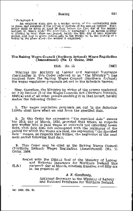 The Baking Wages Council (Northern Ireland) Wages Regulations (Amendment) (No. 1) Order (Northern Ireland) 1956