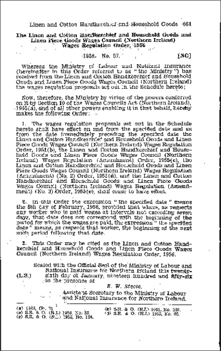 The Linen and Cotton Handkerchief and Household Goods and Linen Piece Goods Wages Council (Northern Ireland) Wages Regulations Order (Northern Ireland) 1956
