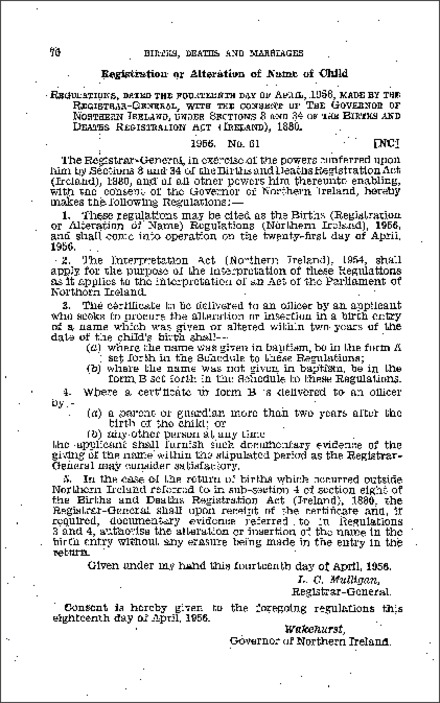 The Births (Registration of Alteration of Name) Regulations (Northern Ireland) 1956