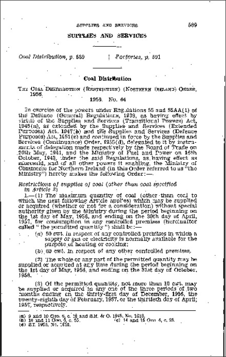The Coal Distribution (Restriction) Order (Northern Ireland) 1956