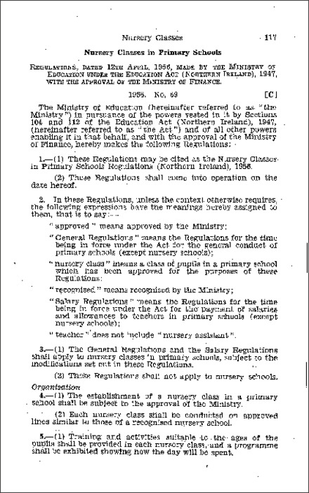 The Nursery Classes in Primary Schools Regulations (Northern Ireland) 1956
