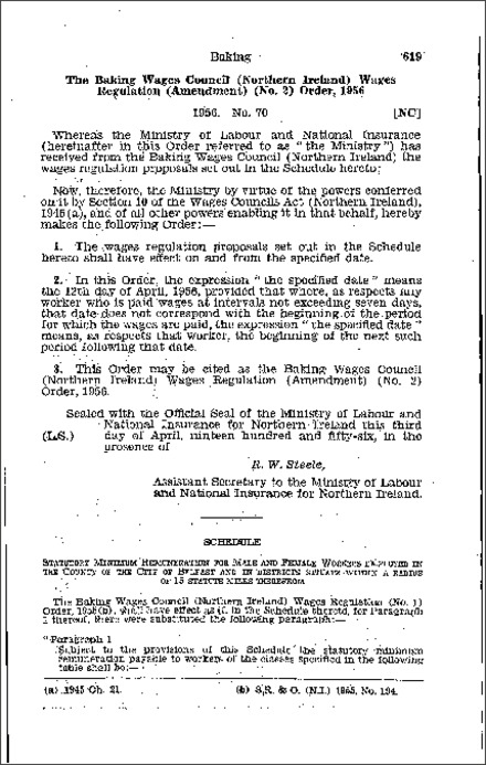 The Baking Wages Council (Northern Ireland) Wages Regulations (Amendment) (No. 2) Order (Northern Ireland) 1956