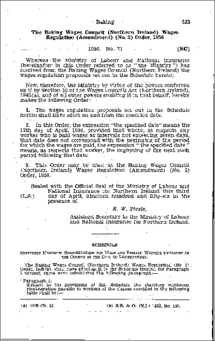 The Baking Wages Council (Northern Ireland) Wages Regulations (Amendment) (No. 3) Order (Northern Ireland) 1956
