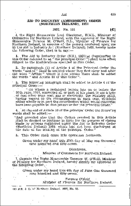 The Aid to Industry (Amendment) Order (Northern Ireland) 1957