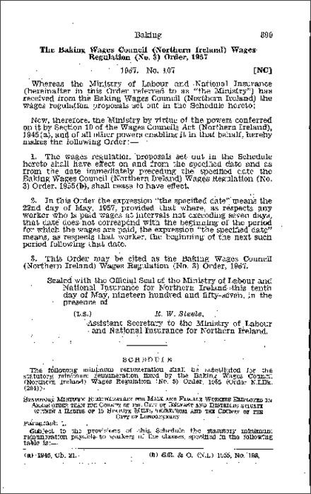 The Baking Wages Council (Northern Ireland) Wages Regulations (No. 3) Order (Northern Ireland) 1957