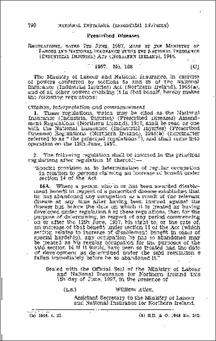 The National Insurance (Industrial Injuries) (Prescribed Diseases) Amendment Regulations (Northern Ireland) 1957