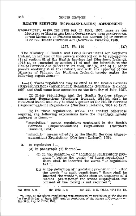 The Health Services (Superannuation) (Amendment) Regulations (Northern Ireland) 1957