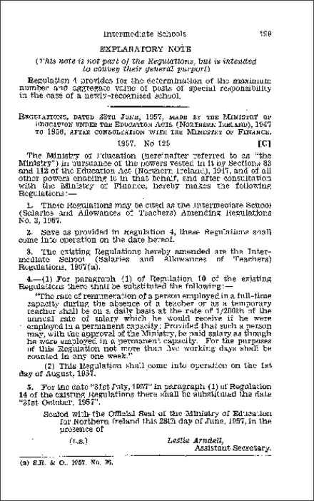 The Intermediate Schools (Salaries and Allowances of Teachers) Amendment Regulations No. 2 (Northern Ireland) 1957