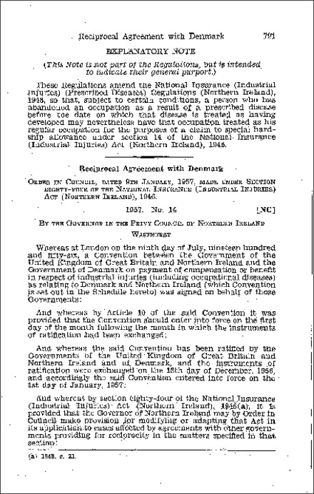 The National Insurance (Industrial Injuries) (Reciprocal Agreement with Denmark) Order (Northern Ireland) 1957