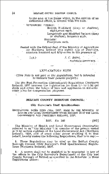 The Belfast County Borough Council (City Surveyor's Staff Qualifications) Regulations (Northern Ireland) 1957