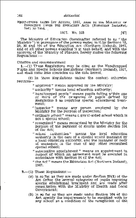 The Handicapped Pupils and Special Schools Regulations (Northern Ireland) 1957