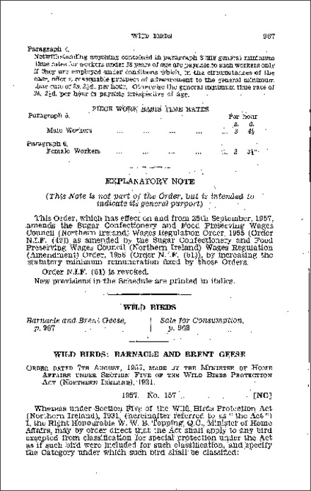 The Wild Birds Protection (Barnacle and Brent Geese) Order (Northern Ireland) 1957