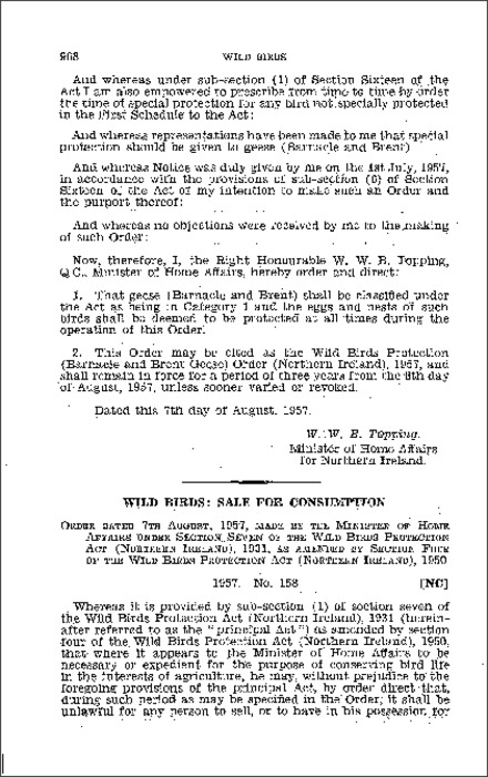 The Wild Birds Protection (Sale for Consumption) Order (Northern Ireland) 1957