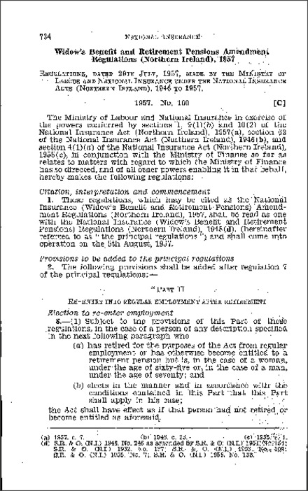 The National Insurance (Widow's Benefit and Retirement Pensions) Amendment Regulations (Northern Ireland) 1957