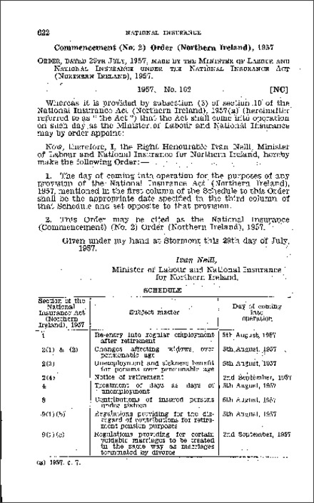 The National Insurance (Commencement) (No. 2) Order (Northern Ireland) 1957