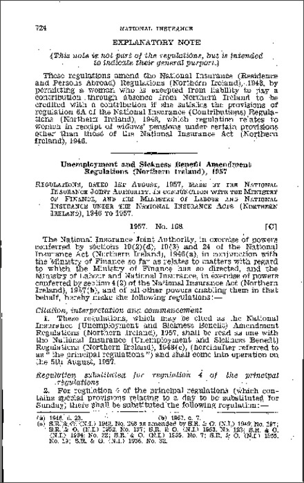 The National Insurance (Unemployment and Sickness Benefit) Amendment Regulations (Northern Ireland) 1957