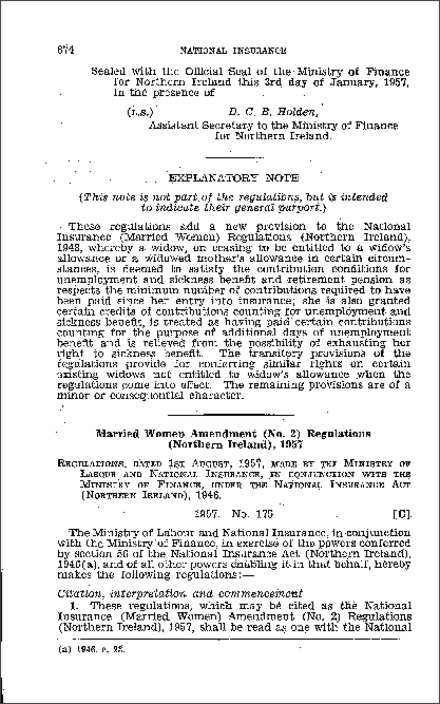 The National Insurance (Married Women) Amendment (No. 2) Regulations (Northern Ireland) 1957
