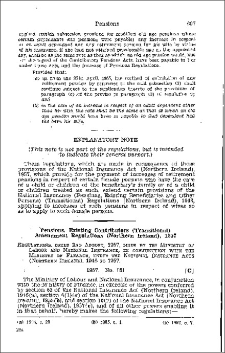 The National Insurance (Pensions, Existing Contributors) (Transitional) Amendment Regulations (Northern Ireland) 1957