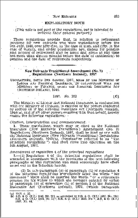 The National Insurance (New Entrants Transitional) Amendment (No. 2) Regulations (Northern Ireland) 1957