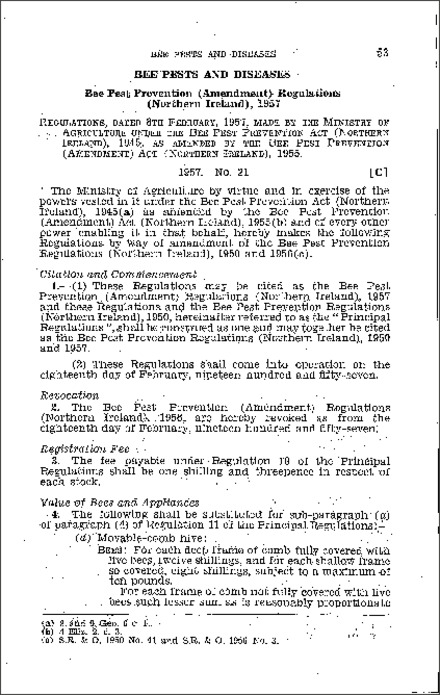 The Bee Pest Prevention (Amendment) Regulations (Northern Ireland) 1957