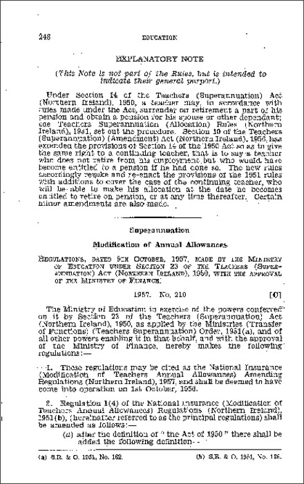 The National Insurance (Modification of Teachers Annual Allowances) Amendment Regulations (Northern Ireland) 1957