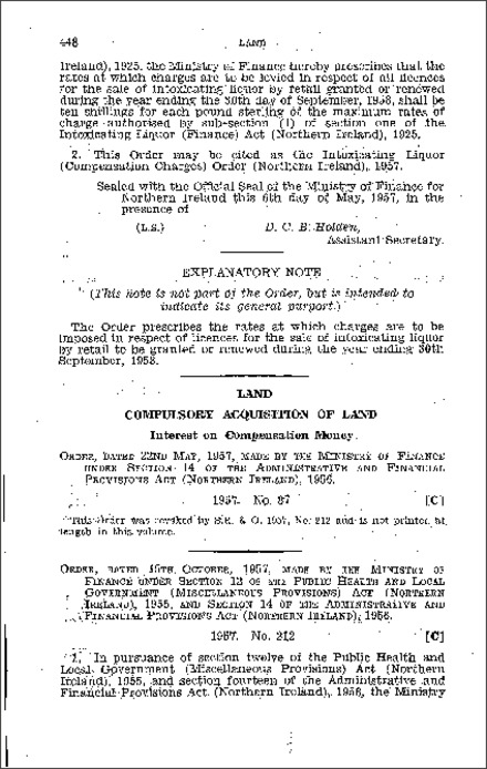 The Compulsory Acquisition of Land (Interest on Compensation Money) (No. 2) Order (Northern Ireland) 1957