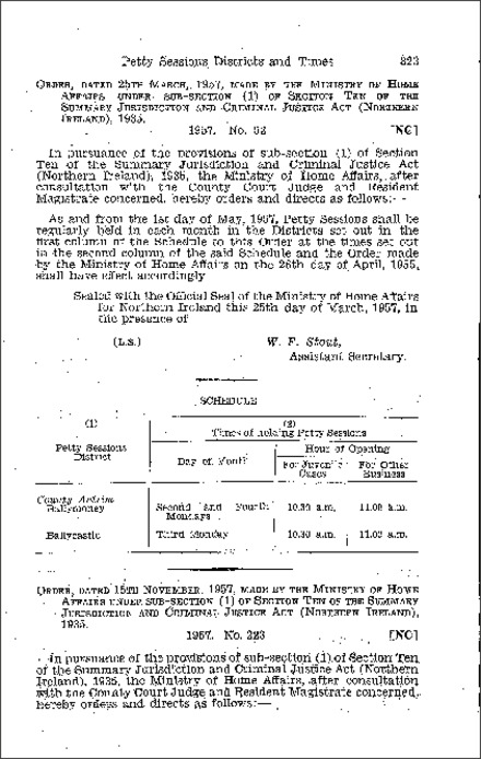 The Summary Jurisdiction: Petty Sessions Districts and Times (Co. Londonderry) Order (Northern Ireland) 1957