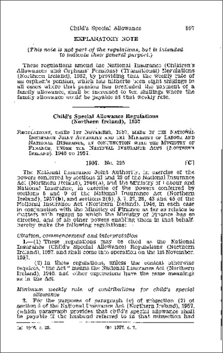 The National Insurance (Child's Special Allowance) Regulations (Northern Ireland) 1957