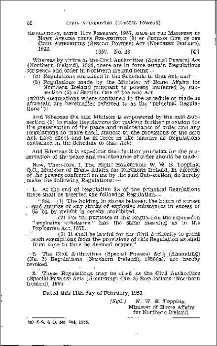 The Civil Authorities (Special Powers) Acts (Amendment) (No. 3) Regulations (Northern Ireland) 1957