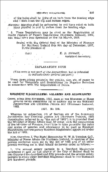 The Resident Magistrates' (Salaries and Allowances) Order (Northern Ireland) 1957