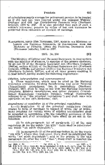 The National Insurance (Pensions, Existing Beneficiaries and Other Persons) (Transfer) Amendment (No. 2) Regulations (Northern Ireland) 1957
