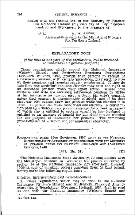 The National Insurance (Widow's Benefit and Retirement Pensions) Amendment (No. 2) Regulations (Northern Ireland) 1957