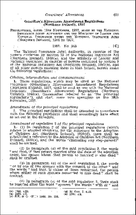 The National Insurance (Guardian's Allowances) Amendment Regulations (Northern Ireland) 1957