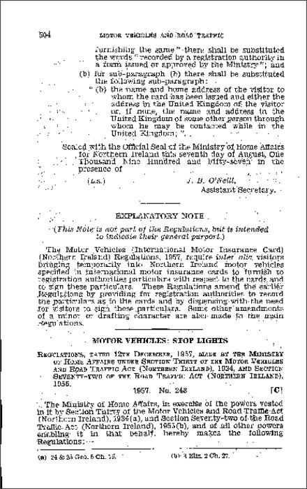 The Motor Vehicles (Stop Lights) (Amendment) Regulations (Northern Ireland) 1957