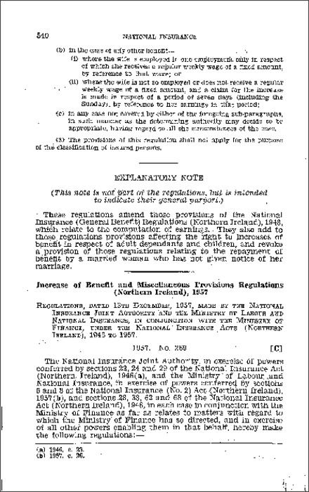 The National Insurance (Increase of Benefit and Miscellaneous Provisions) Regulations (Northern Ireland) 1957