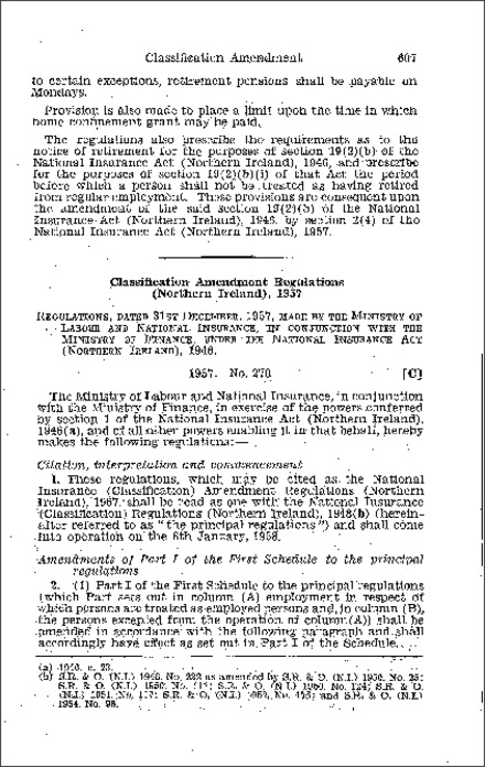 The National Insurance (Classification) Amendment Regulations (Northern Ireland) 1957