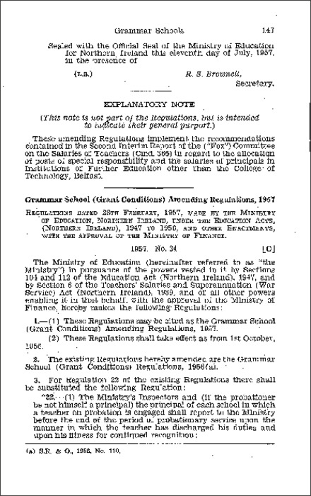 The Grammar School (Grant Conditions) Amendment Regulations (Northern Ireland) 1957