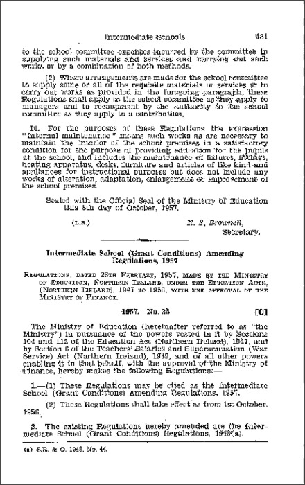 The Intermediate School (Grant Conditions) Amendment Regulations (Northern Ireland) 1957