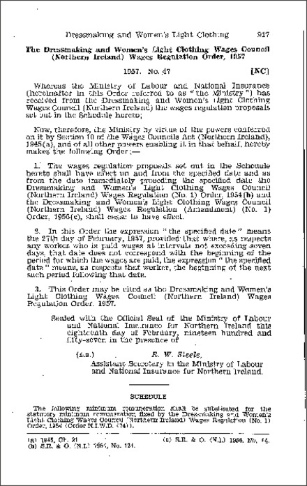 The Dressmaking and Women's Light Clothing Wages Council (Northern Ireland) Wages Regulations Order (Northern Ireland) 1957
