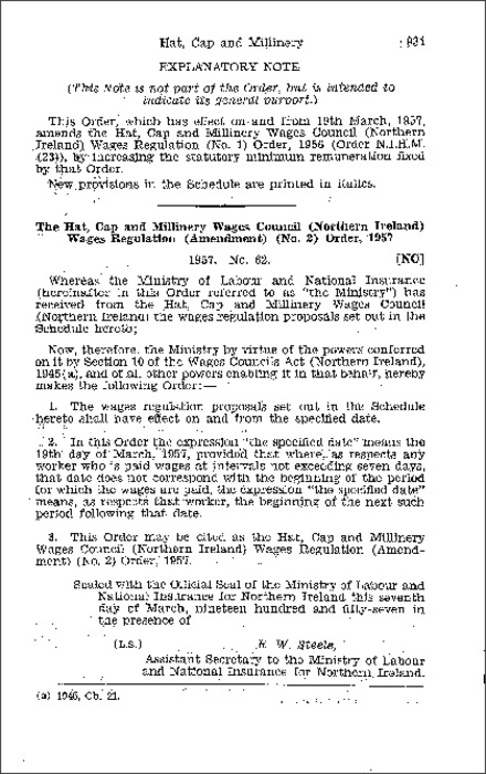 The Hat, Cap and Millinery Wages Council (Northern Ireland) Wages Regulations (Amendment) (No. 2) Order (Northern Ireland) 1957