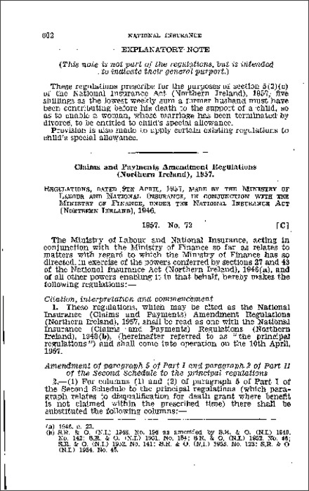 The National Insurance (Claims and Payments) Amendment Regulations (Northern Ireland) 1957