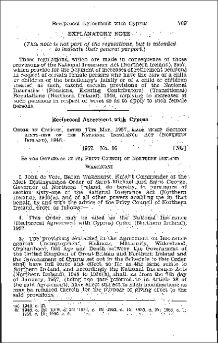 The National Insurance (Reciprocal Agreement with Cyprus) Order (Northern Ireland) 1957