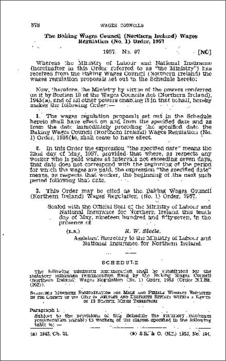 The Baking Wages Council (Northern Ireland) Wages Regulations (No. 1) Order (Northern Ireland) 1957