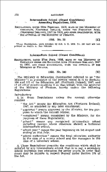 The Intermediate School (Grant Conditions) Regulations (Northern Ireland) 1958