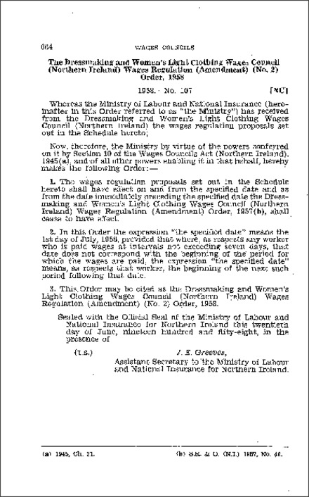 The Dressmaking and Women's Light Clothing Wages Council (Northern Ireland) Wages Regulations (Amendment) (No. 2) Order (Northern Ireland) 1958