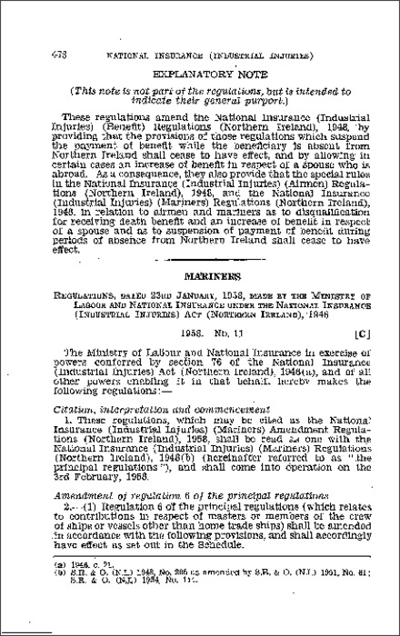 The National Insurance (Industrial Injuries) (Mariners) Amendment Regulations (Northern Ireland) 1958