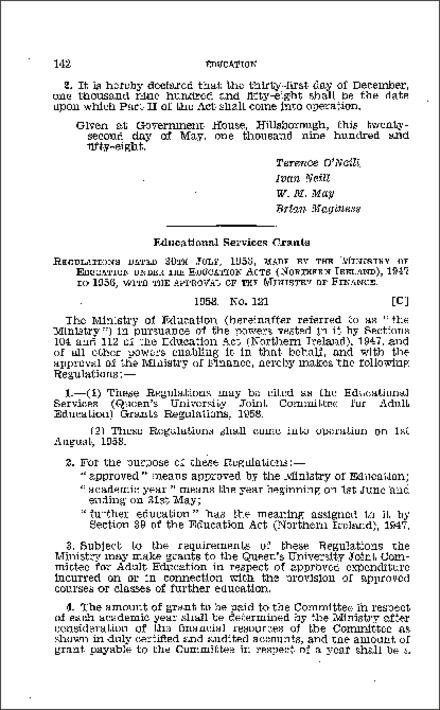 The Queen's University Joint Committee for Adult Education Grants Regulations (Northern Ireland) 1958